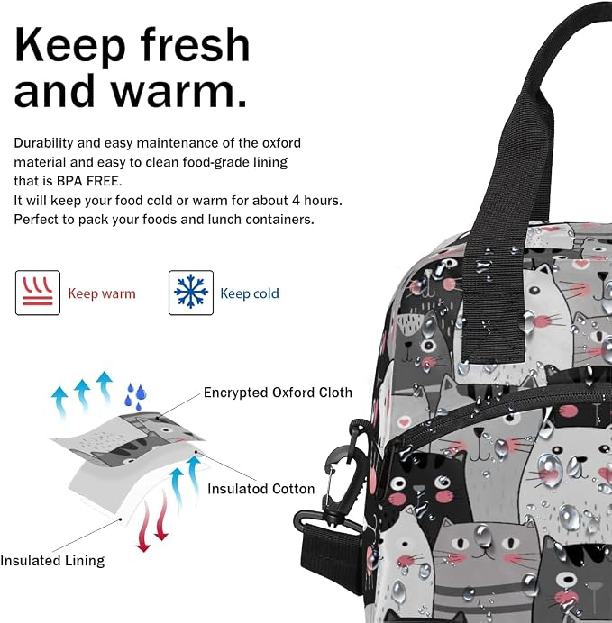 Cartoon Cat Animals Lunch Bag Women Lunch Box for Women Adult Men Reusable Cute Lunch Box Tote Cooler Bags Insulated Portable Lunch Containers for Work, Office, Travel, Picnic