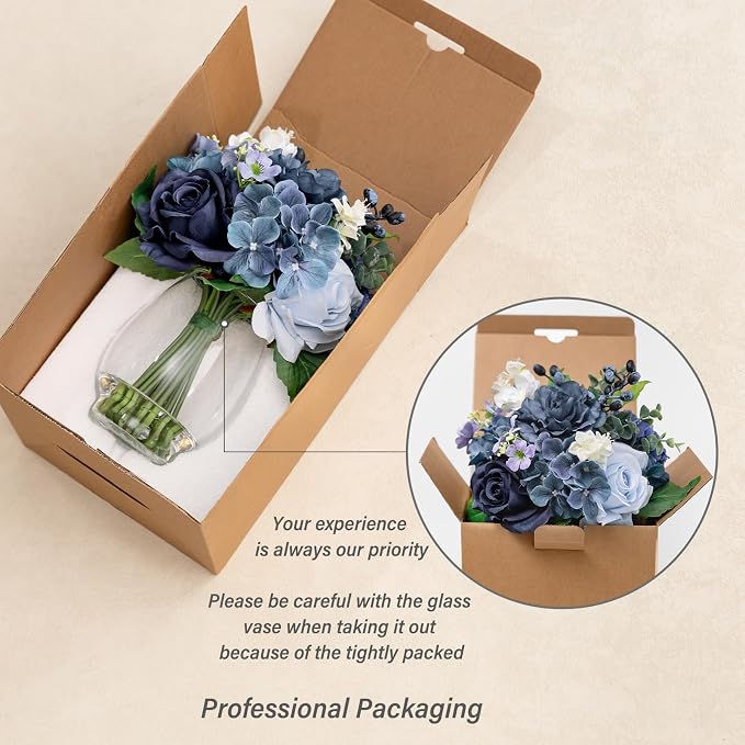 WELL KNOWN Fake Flowers in Vase with Fake Water, Artificial Flowers Indoor Arrangements, Faux Silk Blue Berry Rose Hydrangea Dining Table Centerpiece for Home Wedding Party Decor & Gift (Navy Blue)