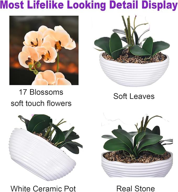 19" H Phalaenopsis Faux Orchid Plant Silk Orchid Centerpiece Artificial Floral Arrangement in Ceramic Pot (Champagne)