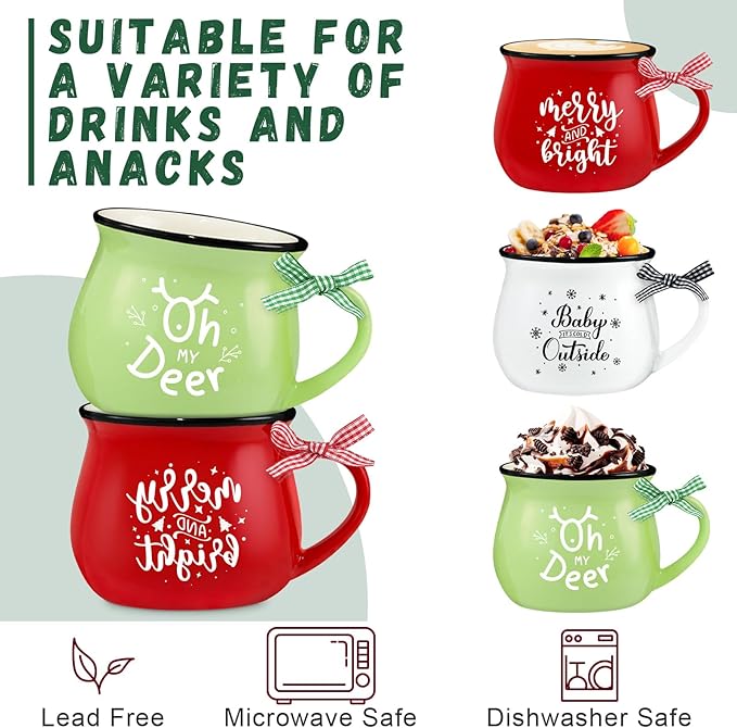 Christmas Coffee Mug Set of 6, 12 oz Hot Cocoa Ceramic Coffee Mug, Stackable Mugs as Christmas Gift for Mom Woman Family Friends Colleagues