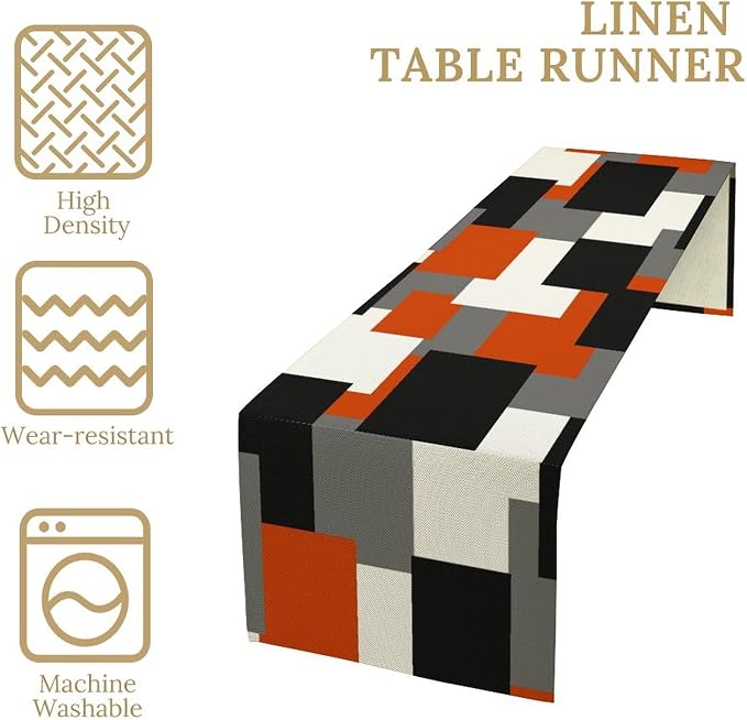 Modern Geometric Table Runner Abstract Orange Black Gray Minimalist Contemporary Geometry Plaid Checkered Dinner Runner for Kitchen Dining Holiday Party Decor 13x36in
