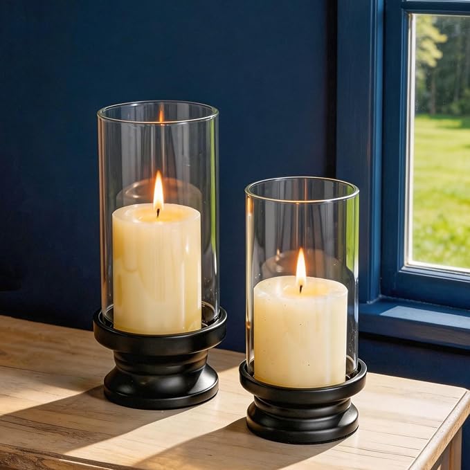 NUPTIO Hurricane Glass Candle Holder: Set of 2 Black Pillar Candle Holders with Glass Cylinder - Metal Pillars Candleholder for Halloween Thanksgiving Fireplace Living Room Decor