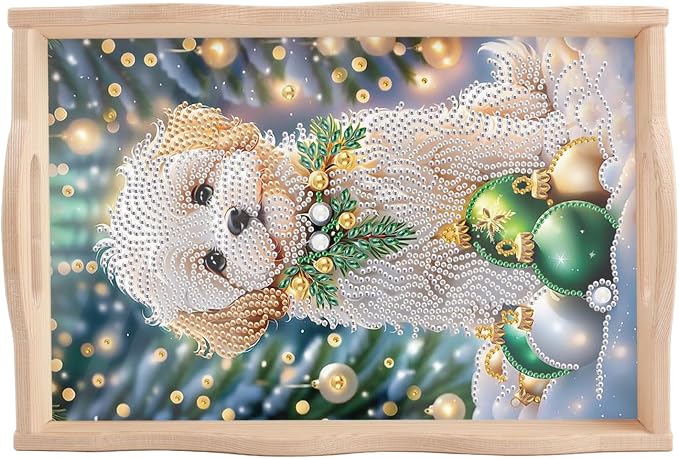 DIY Diamond Serving Tray Rectangular Breakfast Tray with Handle Handmade Diamond Art Painting Wooden Tray for Dinner Plate Coffee Room Living Home Organizer-Puppy
