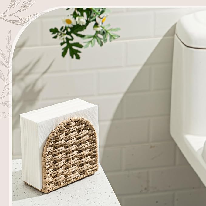 Threehoney Woven Rattan Wicker Upright Napkin Holders for Table Standing Paper Dispenser for Guest Restaurant Kitchen Bathroom Room Cocktail Decoration Indoor & Outdoor Party Use(Arched,Flaxen)