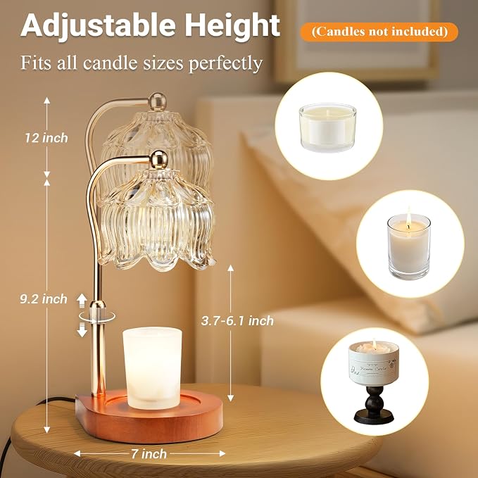 Candle Warmer Lamp with Timer Dimmer, Adjustable Height Candle Lamp Warmer for Jar Candles, Flower Glass Wax Melt Warmer with 2 Bulbs, Flameless Home Decor Gifts for Women Mom, Housewarming