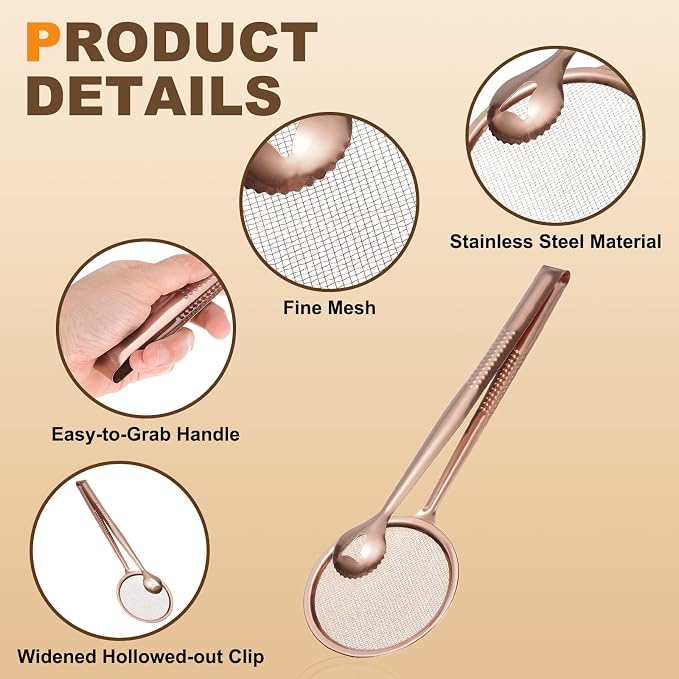 uxcell Stainless Steel Strainer Tongs, 11.2" Multi-Functional Food Strainer with Clip Fine Mesh Oil Filter Skimmer Hot Pot Clips for Kitchen Tool Restaurant Frying Cooking, Rose Red