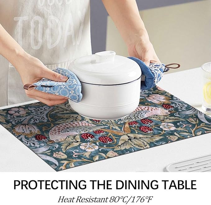 Floral Bird Strawberry Placemats Set of 6 Vintage William Morris Washable Heat Resistant Place Mats for Dining Table Mid Century Modern Anthropologie Linen Woven Wipeable Kitchen Table Mat