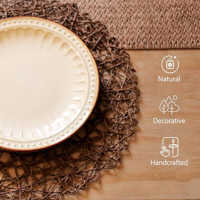 AHHFSMEI Paper Braided Round Placemats Set of 8 Natural Non-Slip Heat Resistant Table Mats for Dining Tables Woven Indoor & Outdoor Place mats(Coffee,8)