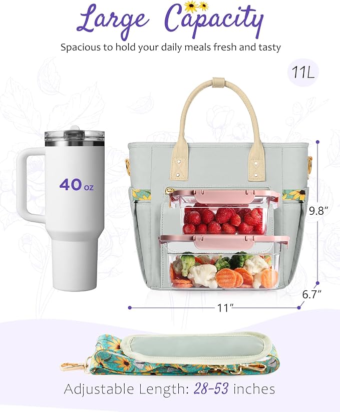 GLORIEROO Deluxe Insulated Lunch Box Bag Women - Leakproof Waterproof Cooler with Multi Pockets Removable Strap for Work Picnic - Teacher Mothers Day Christmas Birthday Gifts