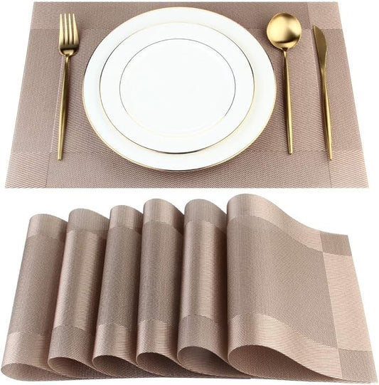DACHUI Placemats Set of 8, Stylish Woven Place Mats for Dining Table, Washable & Durable PVC Table Mats (Champagne)