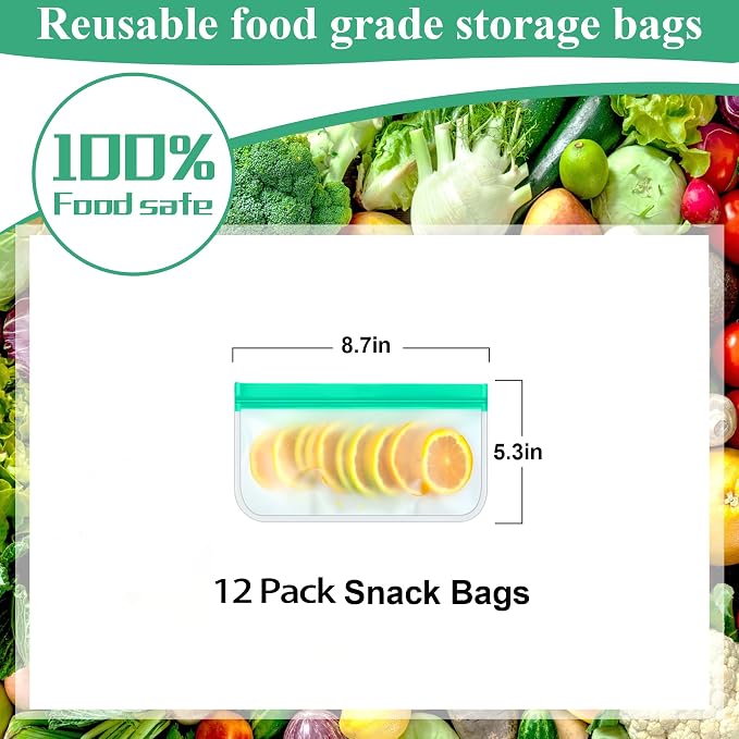 12 Pack Reusable Snack Bags, Silicone Snack Bags Reusable Storage, Leakproof Snack Storage Bags Containers for Travel Picnic, Work, Home Use