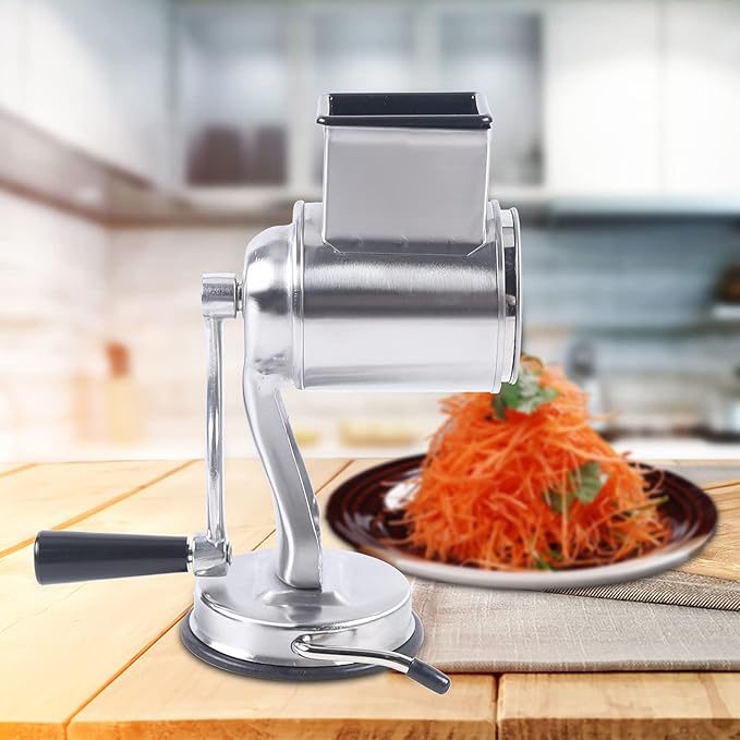 5-in-1 Rotary Cheese Grater Hand Drum Slicer Manual Cheese Shredder Multi-function Stainless Steel Vegetable Chopper Cutter with 5 Blades for Fruit Potato Cucumber Lemon Nut, Silver(Type1)