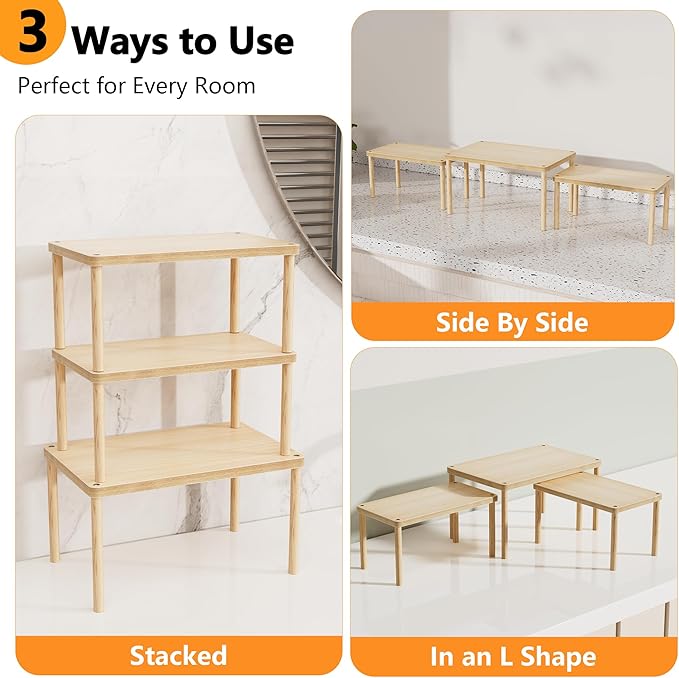 HYPIGO Cabinet Storage Organizer Shelf, Set of 3 Kitchen Cabinet Shelves, Stackable Cabinet Risers, Spice Rack Organizer for Countertop, Under Sink, Bathroom, Pantry Organization with Non-Slip Mat
