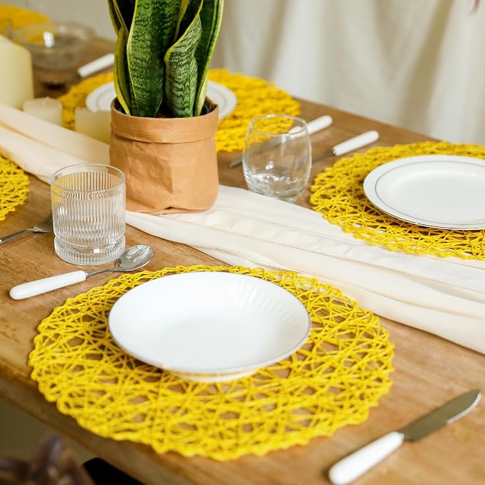AHHFSMEI Paper Braided Round Placemats Set of 12 Natural Non-Slip Heat Resistant Table Mats for Dining Tables Woven Indoor Outdoor Place mats(Yellow,12)
