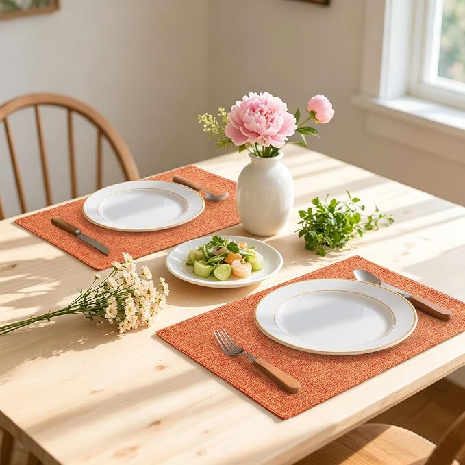 Homaxy Cloths Placemats for Dining Table Set of 6, Heat Resistant Washable Cotton Linen Blend Table Mats, Easy to Clean Place Mats for Indoor Outdoor Party Kitchen Decoration, 13" x 19", Orange