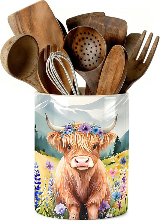 Highland Cow Utensil Holder, Cows Ceramic Kitchen Utensil Holder, Utensil Crock for Home Kitchen Countertop Storage Organizer Container, Large Holder for Spatulas, Spoons, Kitchen Counter Decor, 6"