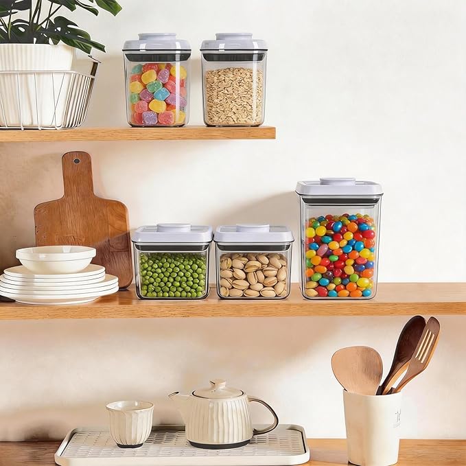 Pop Airtight Food Storage Containers with Lids, Push Button Seal BPA-Free for Kitchen Pantry Organization, 3 Pcs 0.65Qt/0.7Qt/1.8Qt for Cereal, Flour, Sugar, Snacks Dry Food Storage