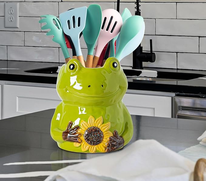 dgudgu Frog Shaped Cermaic Utensil Holder For Kitchen Counter Ceramc Utensil Crock Countertip Large Size Green Frog Embracing Sunflower Decorative Design Kitchen Canister Decor