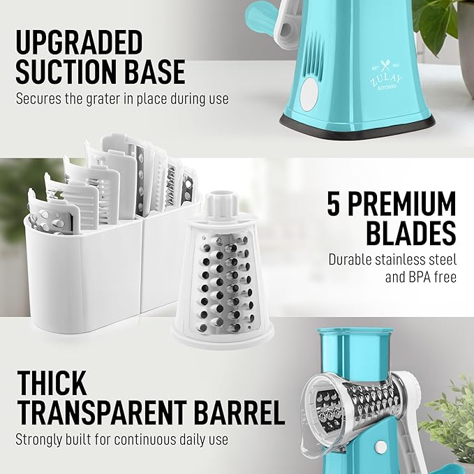 Zulay Kitchen Rotary Cheese Grater 5 Blade Cheese Shredder - Manual Hand Crank Cheese Grater With Reinforced Suction & 5 Interchangeable Drums - Easy to Use, Vegetable Chopper Round Mandoline Slicer