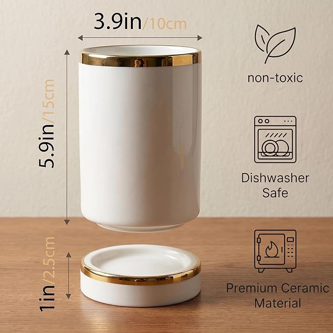 Utensil Drying Holder for Kitchen Countertop, 6in Ceramic Small Silverware Cutlery Set Crock Caddy, Self Draining Tea Coffee Spoon Fork Flatware Stirrers Jar for Stir Stick Straw