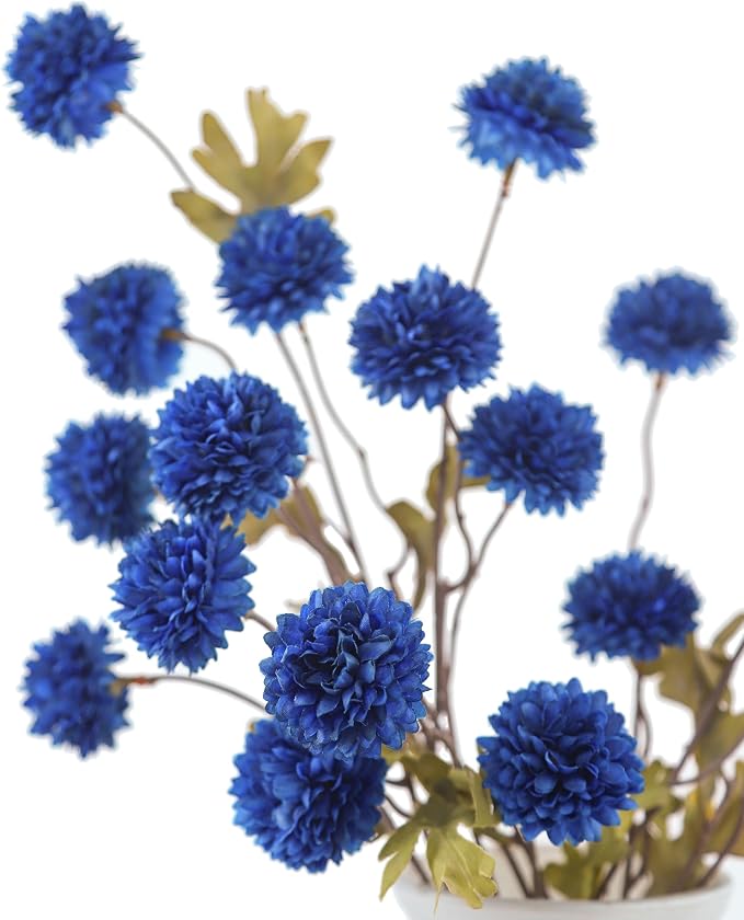 DuHouse 6pcs Artificial Flowers Faux Silk Pompon Mum,Silk Small Mini Chrysanthemum Ball with Stems for DIY Wedding Bouquets Centerpieces Vase Home Table Kitchen Decorations(Dark Blue)