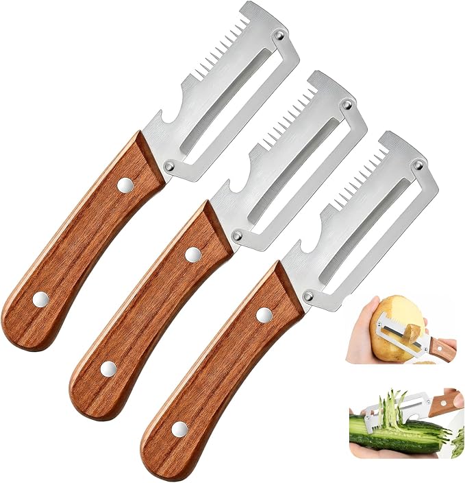 3PCS Multi-Functional Kitchen Peeler, 3 in 1 Premium Vegetable Peeler with Wooden Handle and Bottle Opener,Kitchen Gadgets Tool for Fruit Pumpkin Peeling Potato Carrot Veggie Peeler