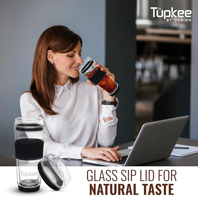 Glass Sip Lid Black - Replacement Double Wall Glass Tumbler, 14oz & 8oz Hand Blown Travel Mug
