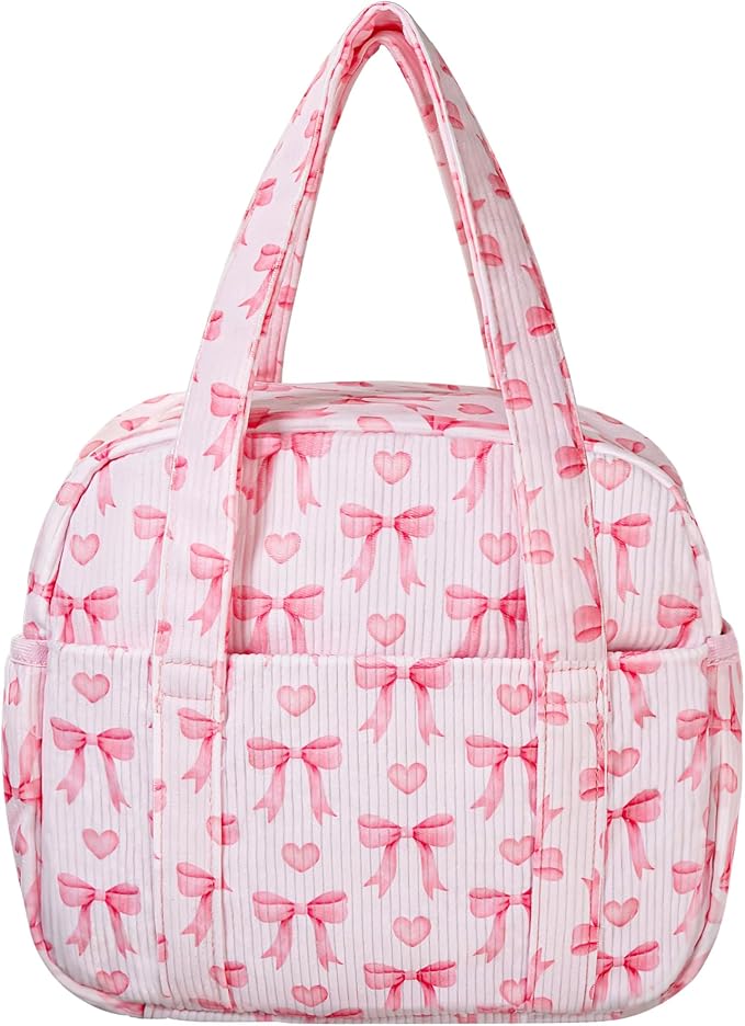 Yarnic Lunch Bag Women Insulated, Large Corduroy Lunch Box for Work with Bottle Pockets, Stylish Reusable Cooler Tote for Adults Teachers Picnic Travel (Pink Bow)