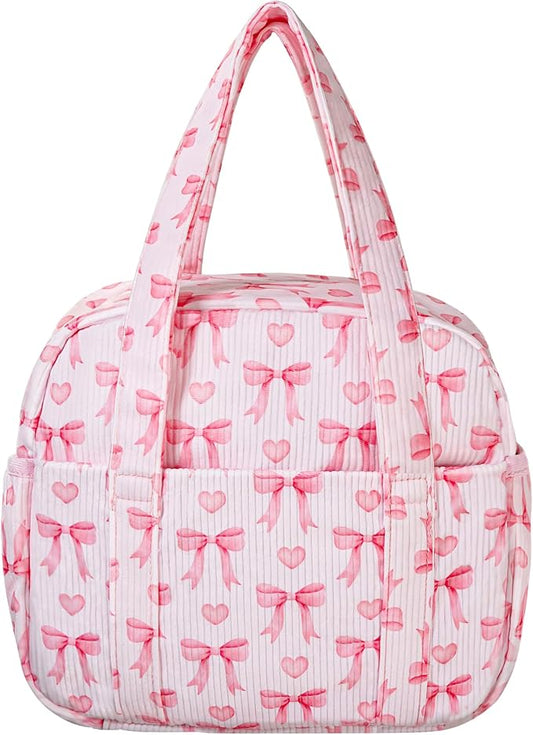 Yarnic Lunch Bag Women Insulated, Large Corduroy Lunch Box for Work with Bottle Pockets, Stylish Reusable Cooler Tote for Adults Teachers Picnic Travel (Pink Bow)
