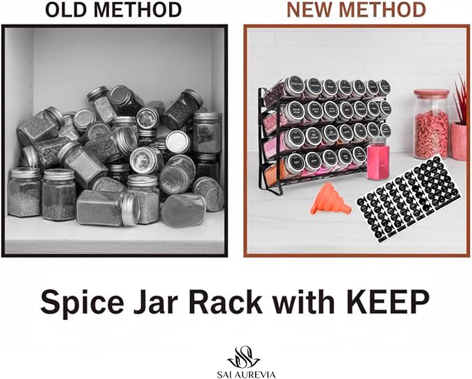 28-Jar Spice Rack Organizer with 4-Tier Metal Stand | Complete Set with Glass Jars, Labels & Funnel | Space-Saving Kitchen Spice Storage (Wall or Countertop Mount)