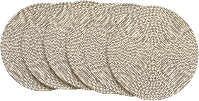 WAZAIGUR Round Placemats Washable Thick Cotton Absorbent 13 inch Round Table Mats for Kitchen Dining Table Set of 6 Round Woven Fabric Indoor/Outdoor Place Mats (Khaki and White, 6)