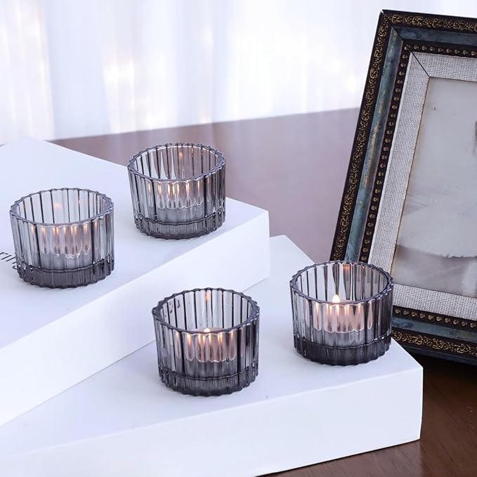VOHO 24pcs Smokey Grey Tealight Candle Holder for Neutral Room Decor, Ribbed Votive Candle Holders for Table Centerpiece, Glass Tea Light Candle Holders Decoration for Coffee Table, Formal Anniversary