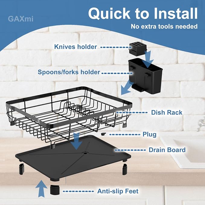 GAXmi Dish Drying Rack with Drainboard for Kitchen Countertop 1-Tier Black | With utensil holder, Over the sink, Quick drainage, Space-saving, Large capacity
