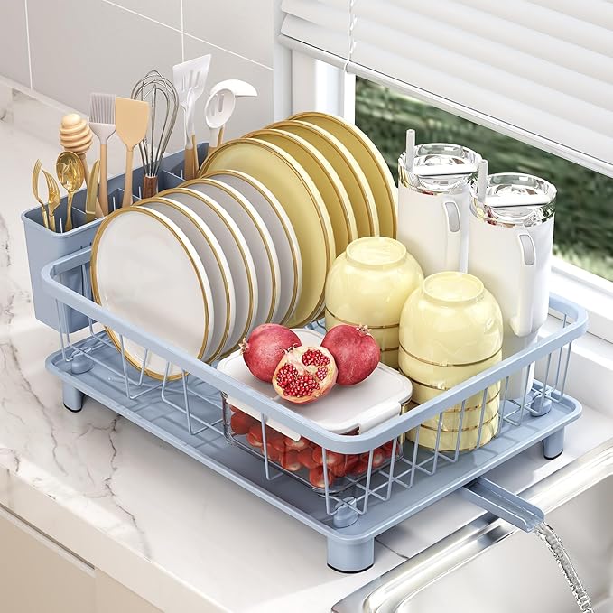 Hiviweer Blue Dish Drying Rack, Dish Rack,Space-Saving Dish Racks for Kitchen Counter with Utensil Holder,Gifts for Women Mothers Day, Kitchen Gadgets & Decor