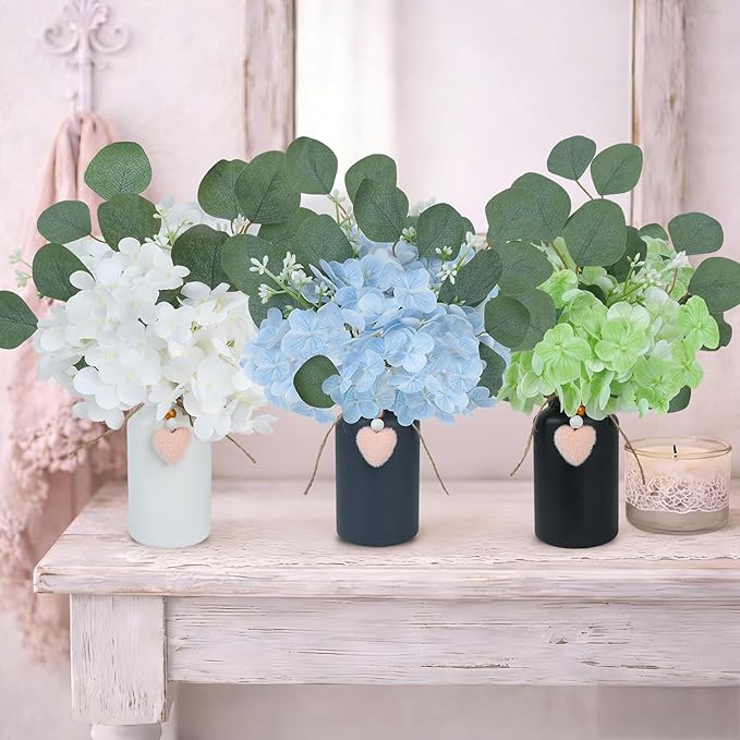 Artificial Hydrangea Flowers in Mason Jar Vase, Set of 3 Faux Hydrangea and Eucalyptus Arrangements, Pre-Arranged Farmhouse Table Centerpieces for Kitchen, Dining Room, Office Decor
