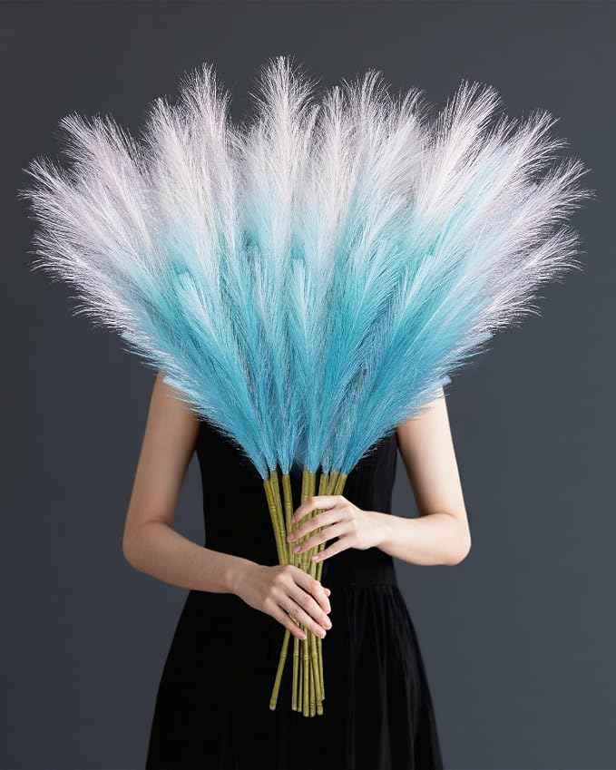 TORONTOKYO 8Pcs Blue Faux Pampas Grass Tall Decor, 35.4” Fluffy Artificial Pompous Grass Branches, Large Pampas Grass Reed Stems for Floor Vase Filler, Wedding, Baby Shower, Home Boho Decor