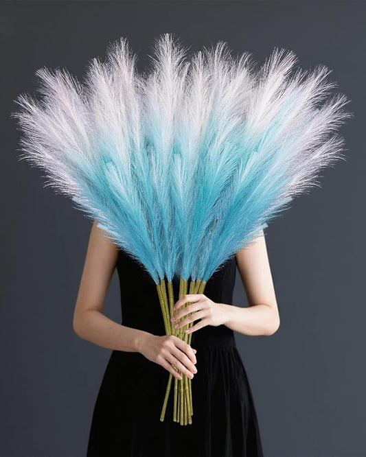 TORONTOKYO 8Pcs Blue Faux Pampas Grass Tall Decor, 35.4” Fluffy Artificial Pompous Grass Branches, Large Pampas Grass Reed Stems for Floor Vase Filler, Wedding, Baby Shower, Home Boho Decor