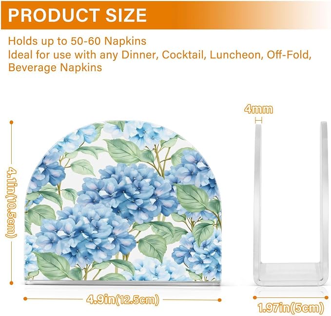 Blue Hydrangea Watercolor Flowers Napkin Holder for Tables Paper Cocktail Napkin Holders for Kitchen and Dinning, Acrylic Dinner Napkin Dispenser for Restaurant Home Decor Bar Accessories 1 Pack