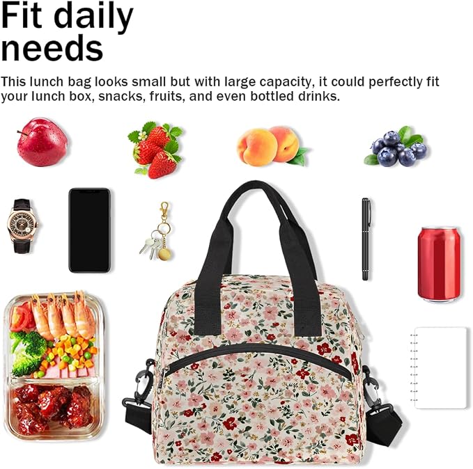Floral Flower Insulated Lunch Bags for Women Girls Adult Ethnic Reusable Lunch Tote Therma Cooler Bag with Shoulder Strap Lunch Box for School Work Office Picnic Meal Prep Bag