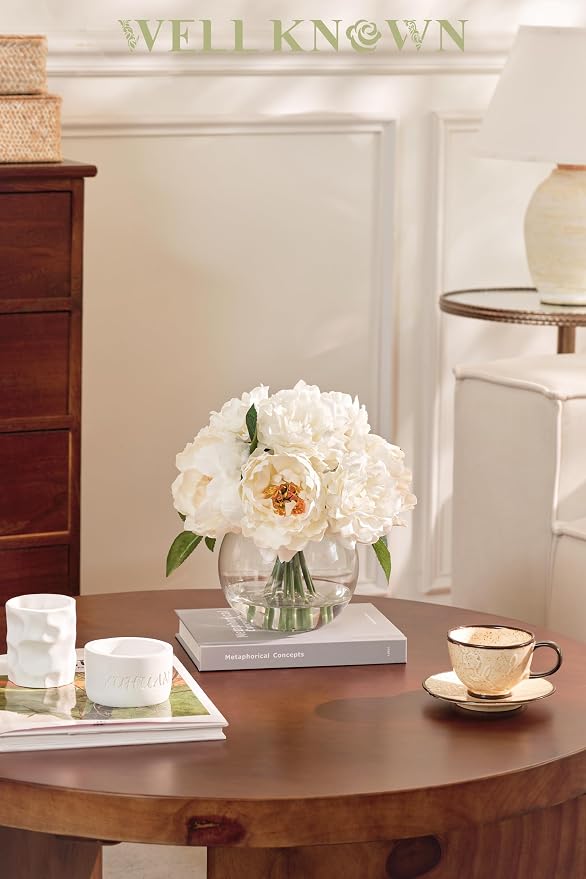 WELL KNOWN Artificial Flowers in Vase, Silk White Peonies Flowers with Glass Vase & Faux Water, Fake Flower Arrangement for Home Table Centerpieces Spring Wedding Party Decor Mom's Birthday Gift