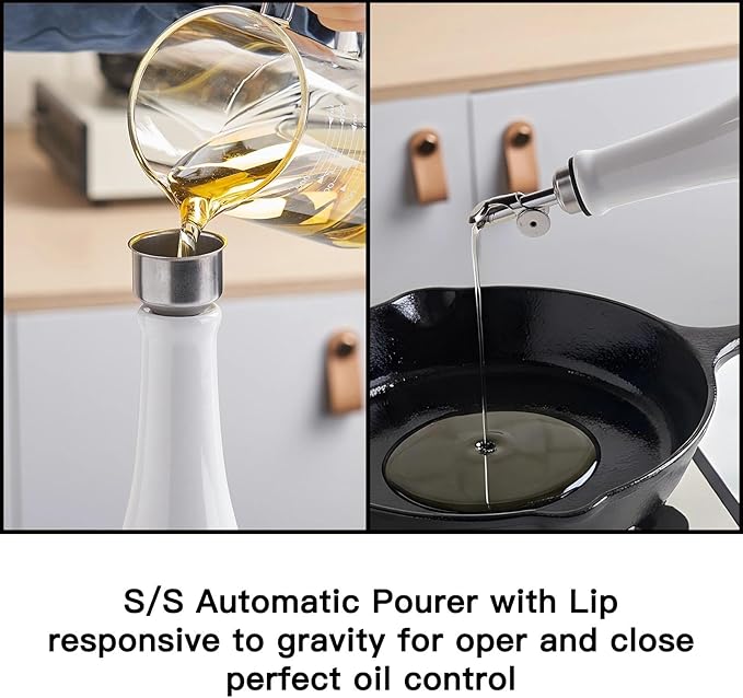 YOLIFE Olive Oil Dispenser Bottle, 20oz Ceramic Oil Dispenser for Kitchen, Oil Bottle with Gravity Spout, Leak Proof EVOO Dispensing Bottle with 2 Spouts and 1 Funnel for Vinegar, Juice(White)
