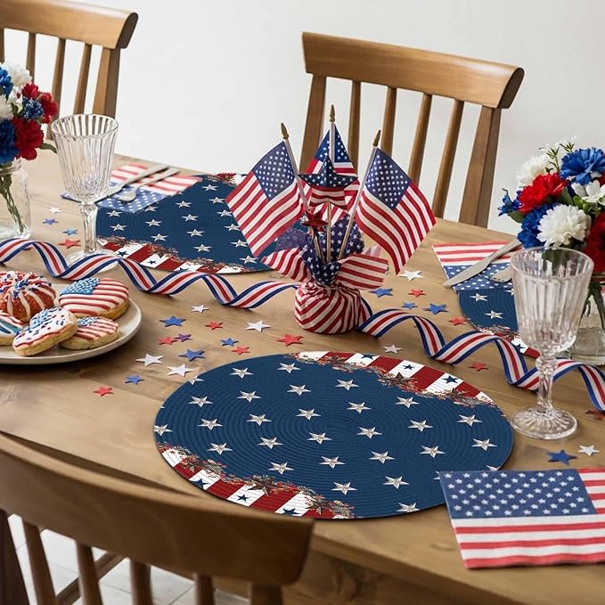 4th of July Round Placemats Set of 2 Rustic Star Stripes Place Mats Independence Day Woven Placemat Red White and Blue Circle Braided Table Mat for Kitchen Dining Table Holiday Party Decor 15 Inch