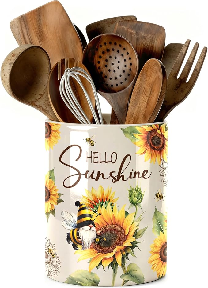 Bee Gnome Utensil Holder, Ceramic Kitchen Utensil Holder, Utensil Crock for Home Kitchen Countertop Storage Organizer Container, Large Holder for Spatulas, Spoons, Kitchen Counter Decor, 6"