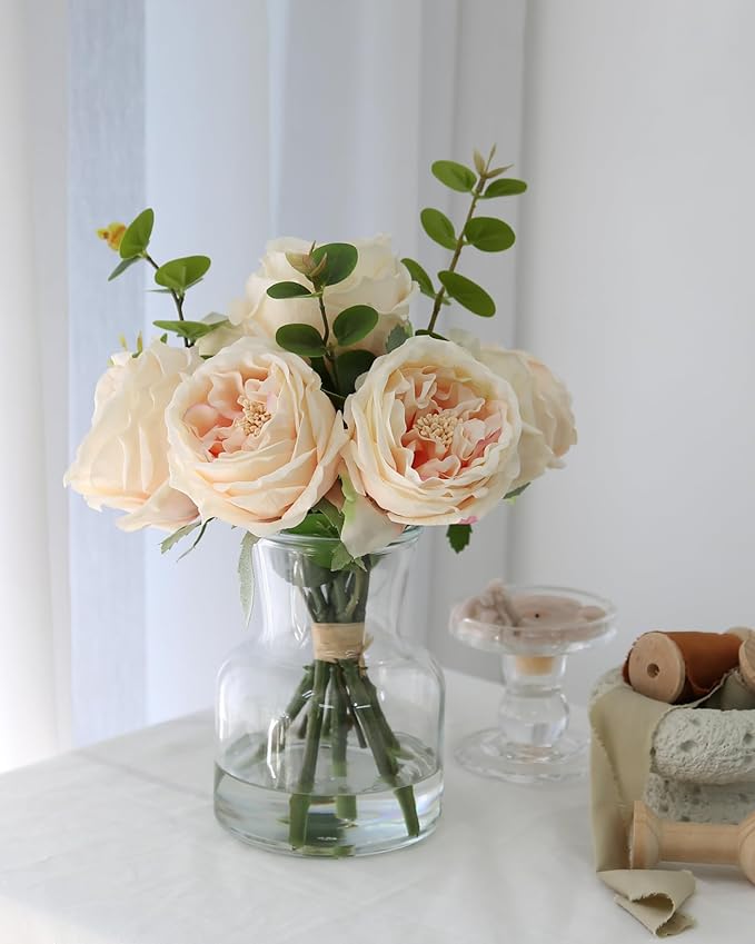 CHASMILE Lifelike Artificial Champagne Roses in Vase - Eternal Table Centerpiece for Dining Room & Kitchen Decor - Faux Flower Arrangement with Realistic Petals