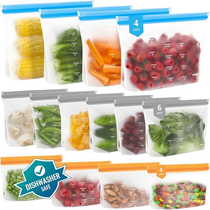 Dishwasher Safe Reusable Storage Bags Stand Up - BPA Free Reusable Sandwich Bags - Leakproof Gallon Freezer Bags, Food Storage Bags - Multicolor 4 Large+ 6 Sandwich + 4 Snack Bags