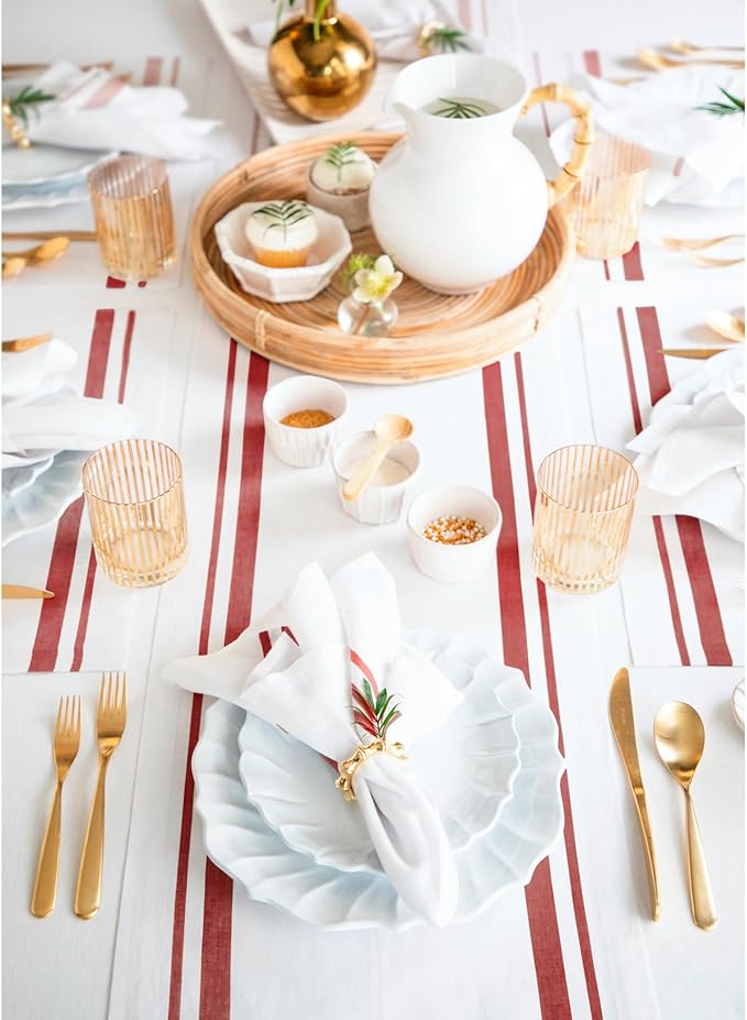 Solino Home Linen Table Runner 60 Inches - 100% Pure Linen Red and White French Stripe Table Runner 14 x 60 Inch Ideal for Dresser and Coffee Tables - Spring, Summer, 4th of July