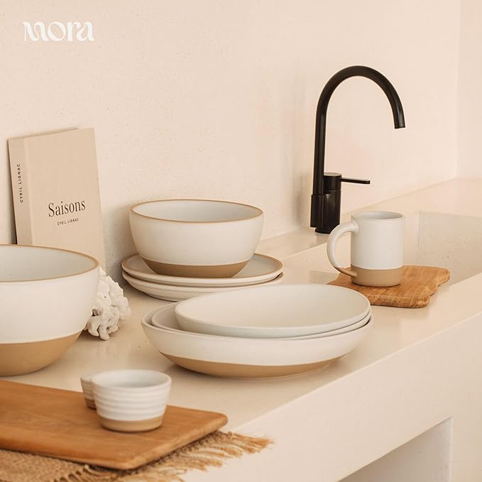 MORA Medium Mugs Set of 4, 16oz Ceramic Pottery Latte Mugs/Coffee Cups - Microwave and Dishwasher Safe - Oat