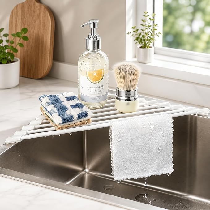 Credon Triangle Roll Up Dish Drying Rack, Foldable Anti-Slip Kitchen Sink Drainer Organizer, Silicone Coated Stainless Steel Frame, Multipurpose Over Sink Corner Caddy for Space Saving (White)