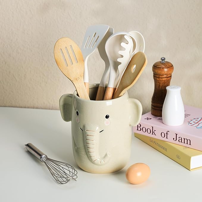 Ceramic Cartoon Animal Pattern Kitchen Utensil Holder, Large Cooking Utensil Crocks for Kitchen Countertop, Cartoon Style Utensil Organizer for Spatula, Kitchen, Home Decoration-Elephant