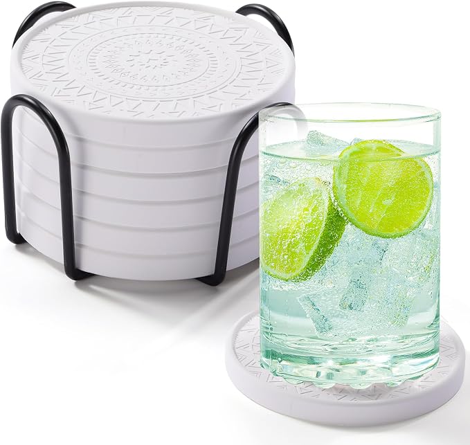 Photect Diatomaceous Earth Coasters Set with Holder Absorbent Stone Drink Coasters Instant Drying Tray for Tabletop Protection Home Decoration Housewarming Gift(White,6 Pcs)